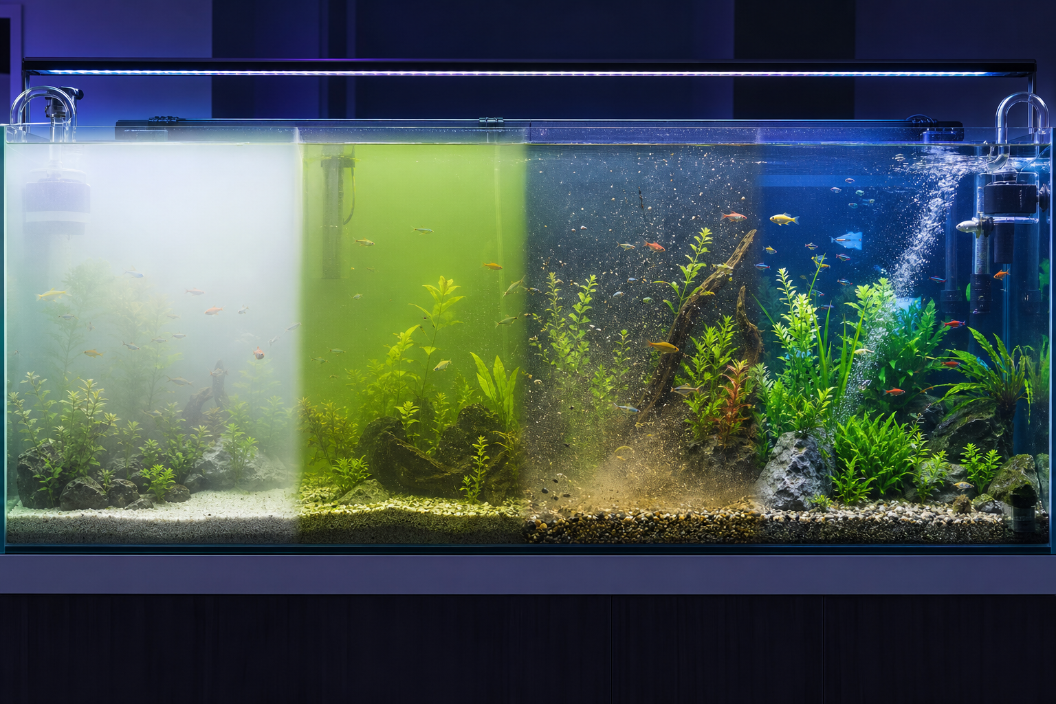 Four aquarium water clarity states showing bacterial bloom, green water, suspended particles, and clear water