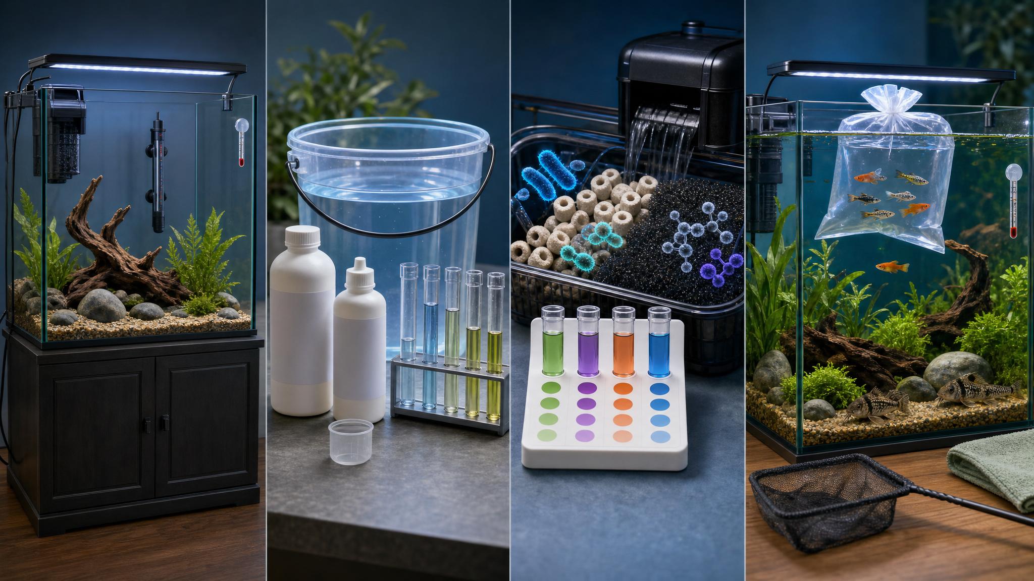 Illustrated freshwater aquarium setup checklist with tank equipment, water preparation, cycling supplies, and first fish