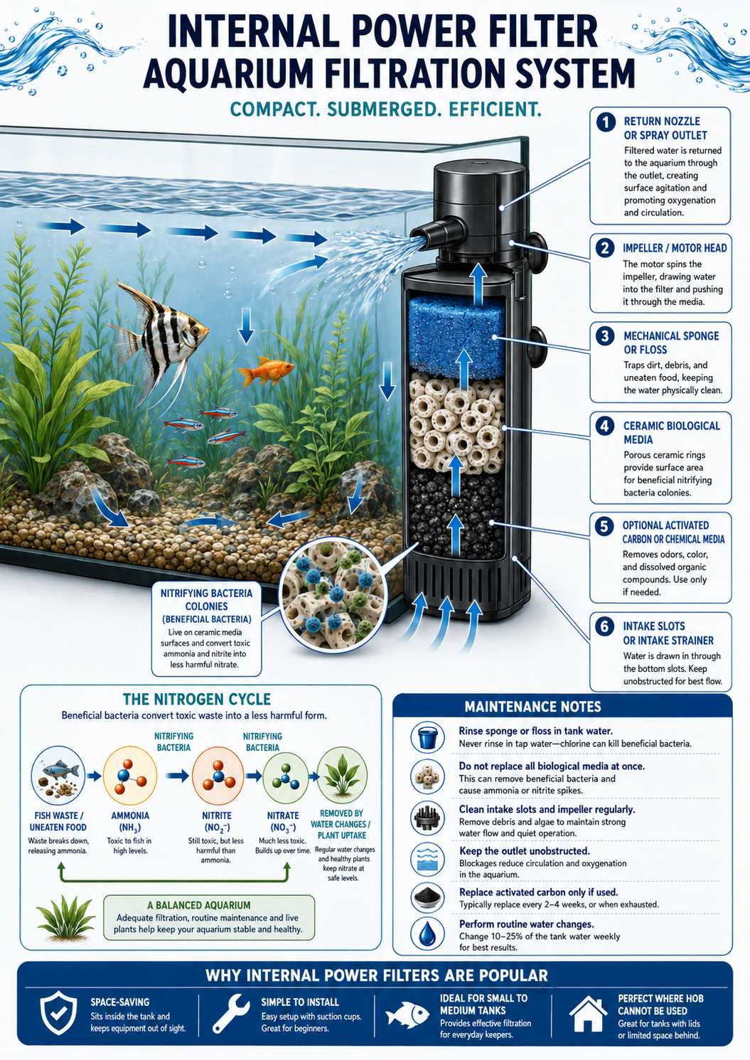 Internal power filter aquarium filtration system diagram