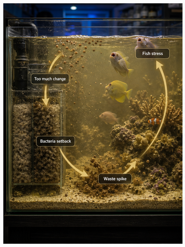 GPT Image 2 illustration showing an aquarium crash chain with too much change, bacteria setback, waste spike, and fish stress
