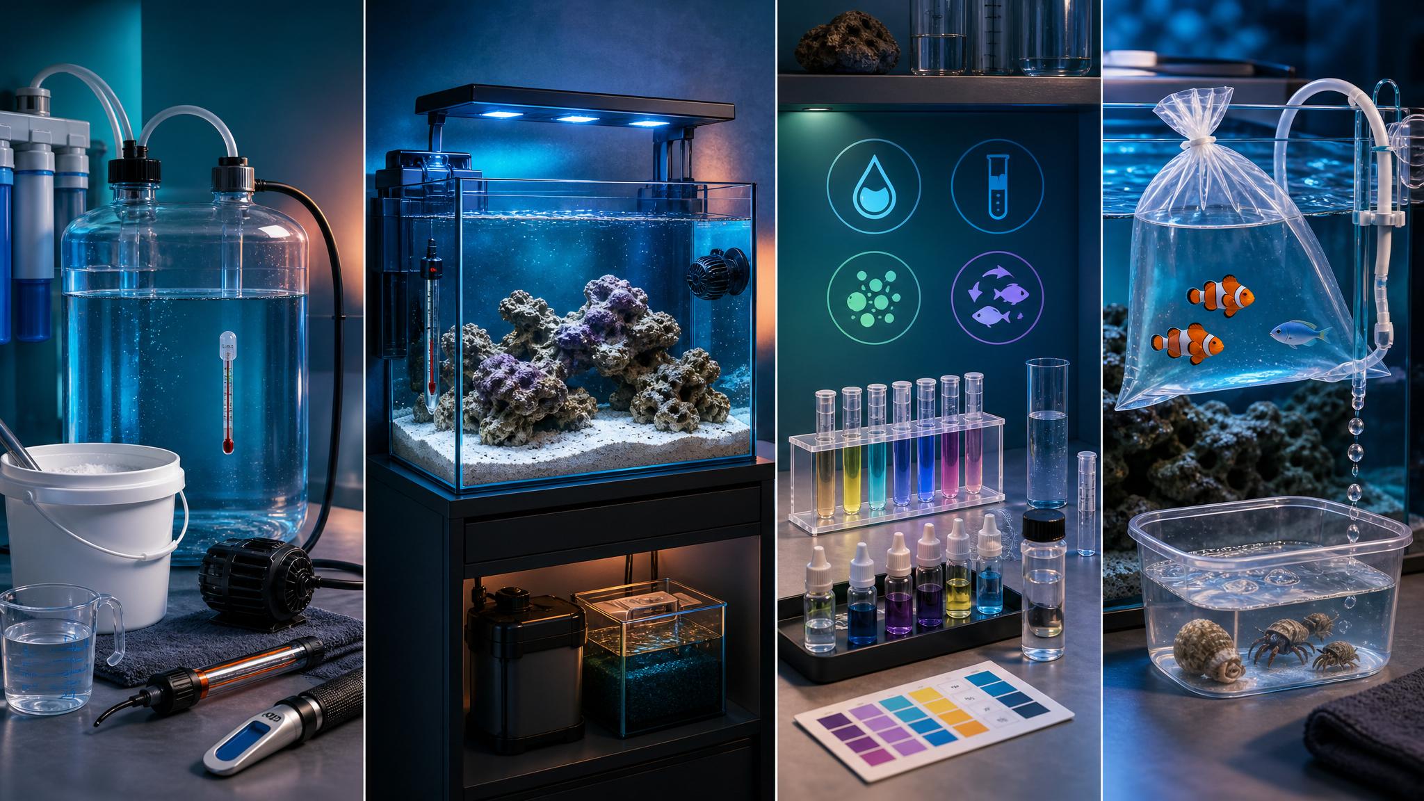 Illustrated saltwater aquarium setup guide with mixing station, marine tank equipment, test kits, live rock, and first fish acclimation