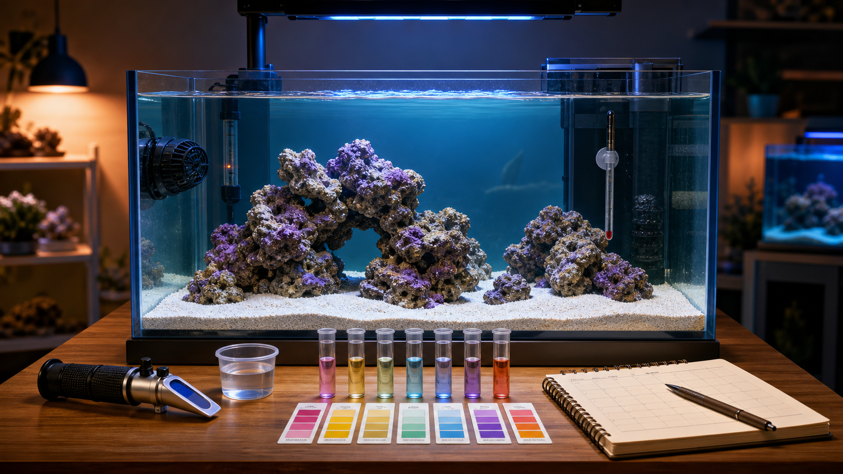 Saltwater aquarium stabilizing with live rock, testing supplies, refractometer, and maintenance notebook