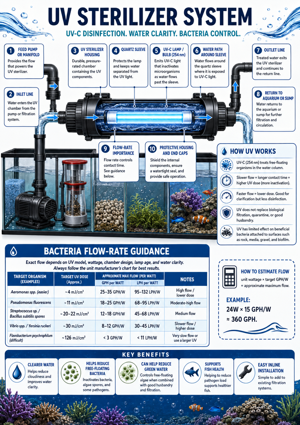 UV sterilizer aquarium system diagram showing UV-C lamp, quartz sleeve, flow path, and return plumbing