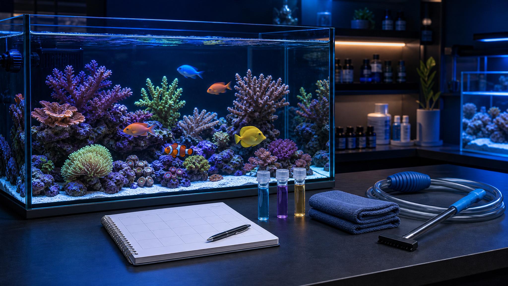 Calm aquarium maintenance habit illustration with a healthy tank, water test vials, log notebook, towel, and siphon