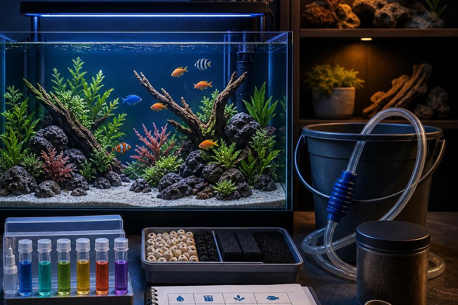 Illustrated aquarium weekly maintenance checklist with test kits, water change tools, algae scraper, filter media, and a healthy aquarium