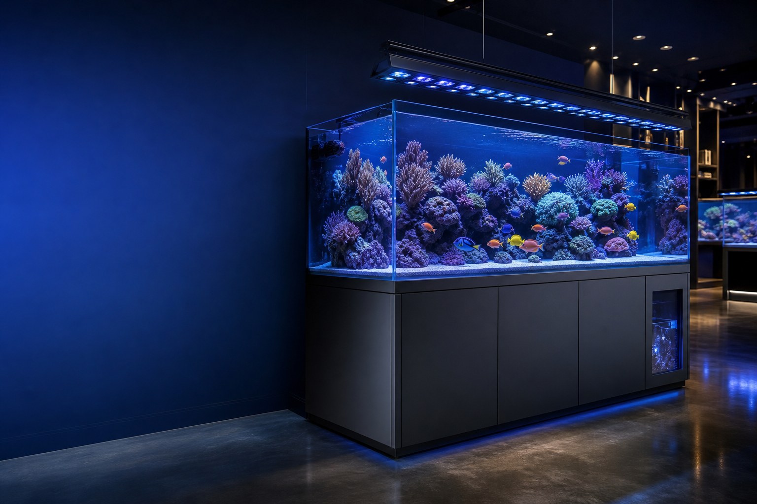 Large premium reef aquarium system in a blue-lit showroom