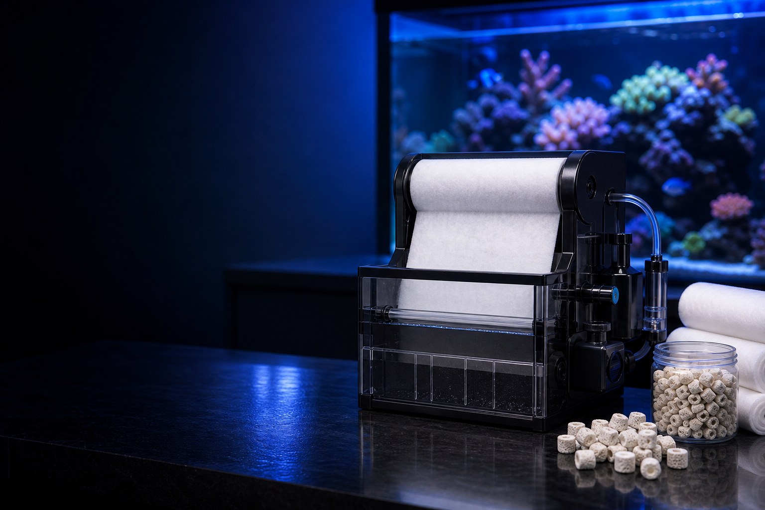 Manual fleece roller aquarium filter beside a reef tank