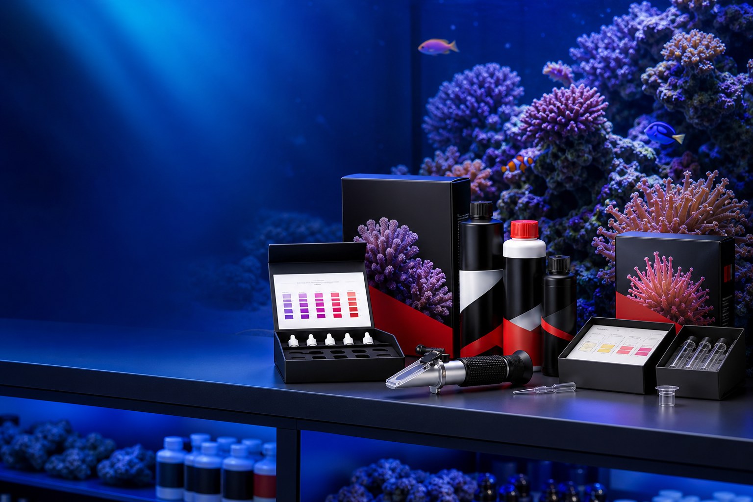 Premium reef care products arranged beside a reef aquarium