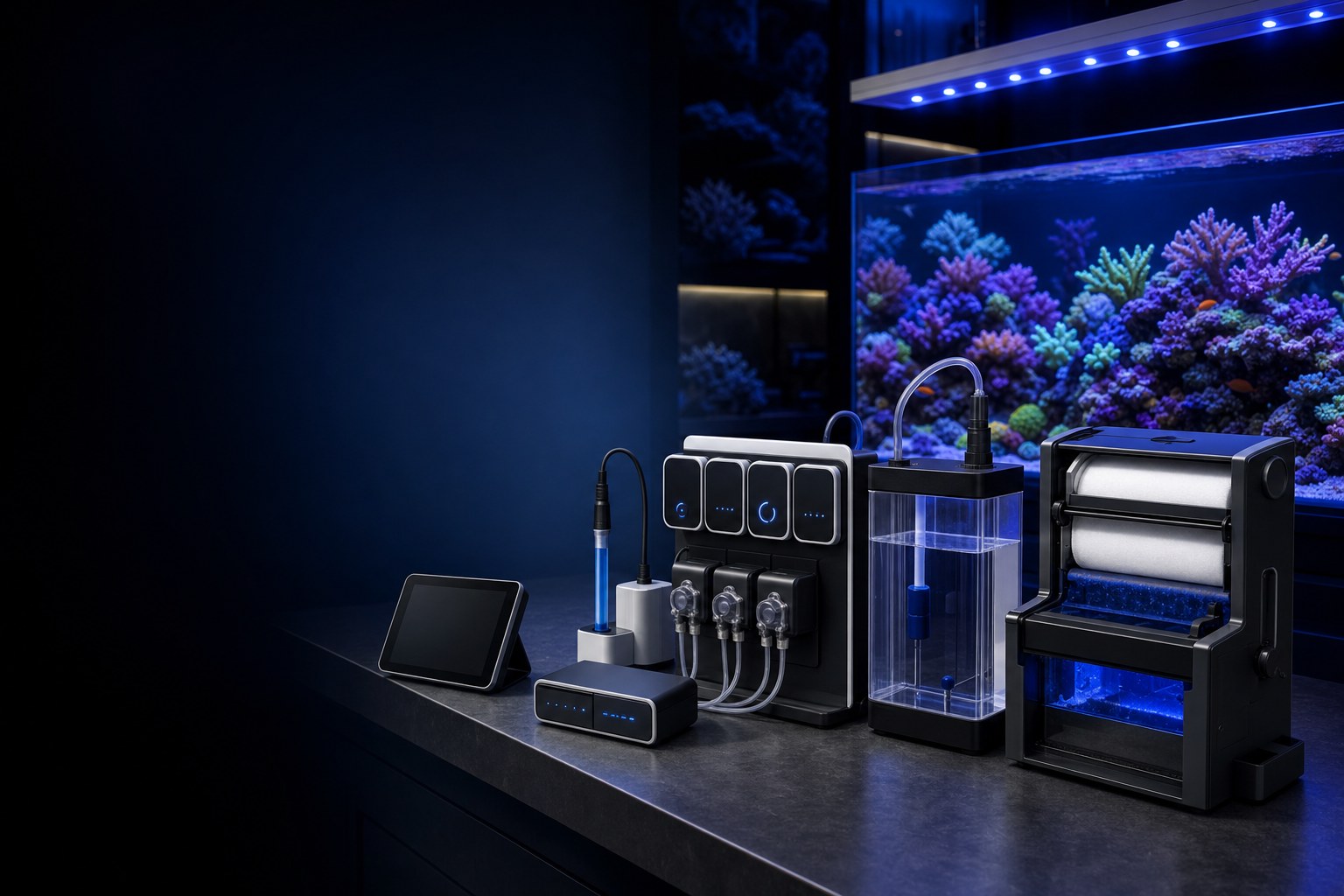 Reef aquarium automation and monitoring equipment beside a reef tank